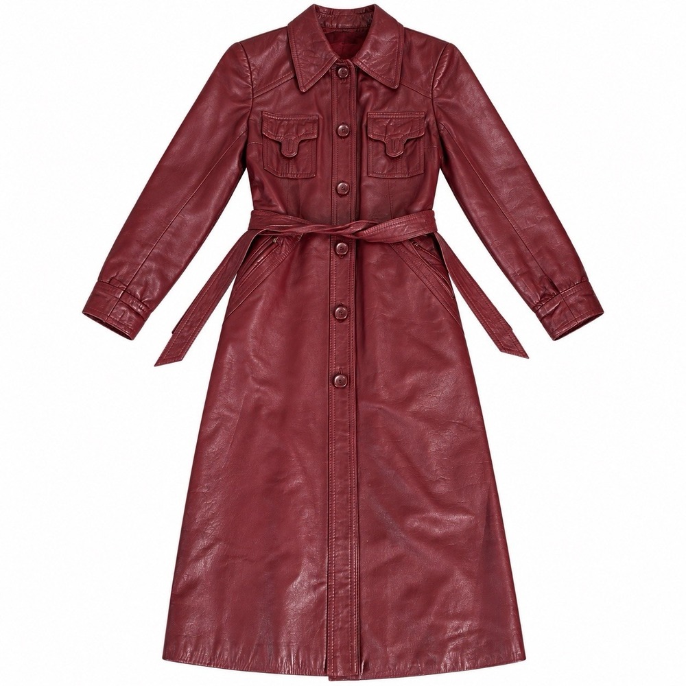 Vintage Trends Inc Women 7/8 Genuine Leather Trench Coat Burgundy Red 70s